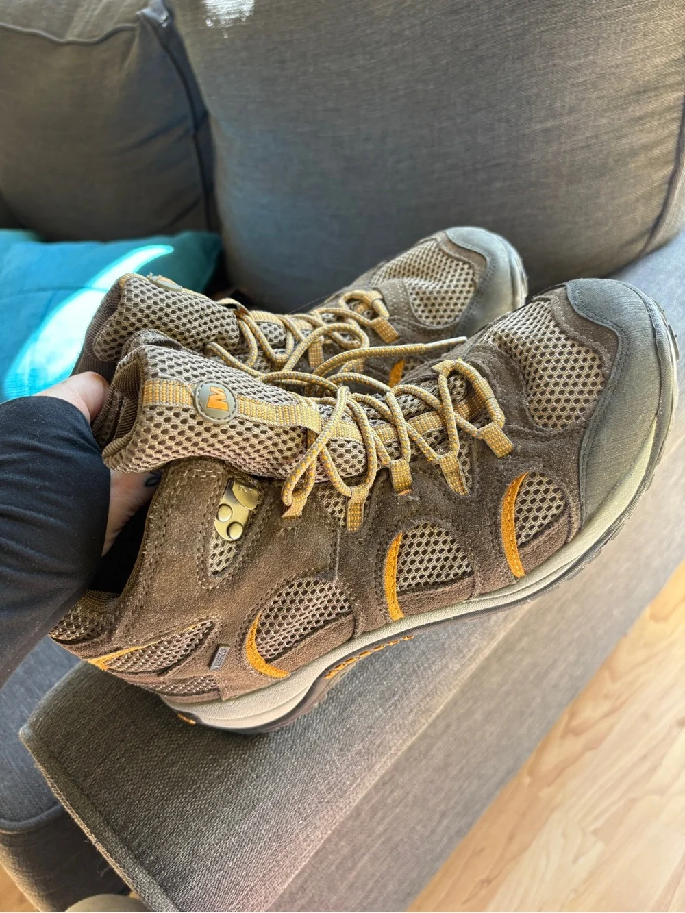 Merrell Kids Olive Brown with Yellow Accent Hiking Boots